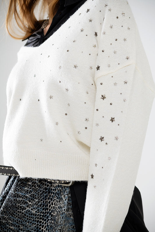 V-neck sweater embellished with metallic stars - Jumpers