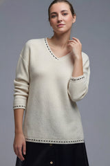 V neck sweater with black embroidered detail