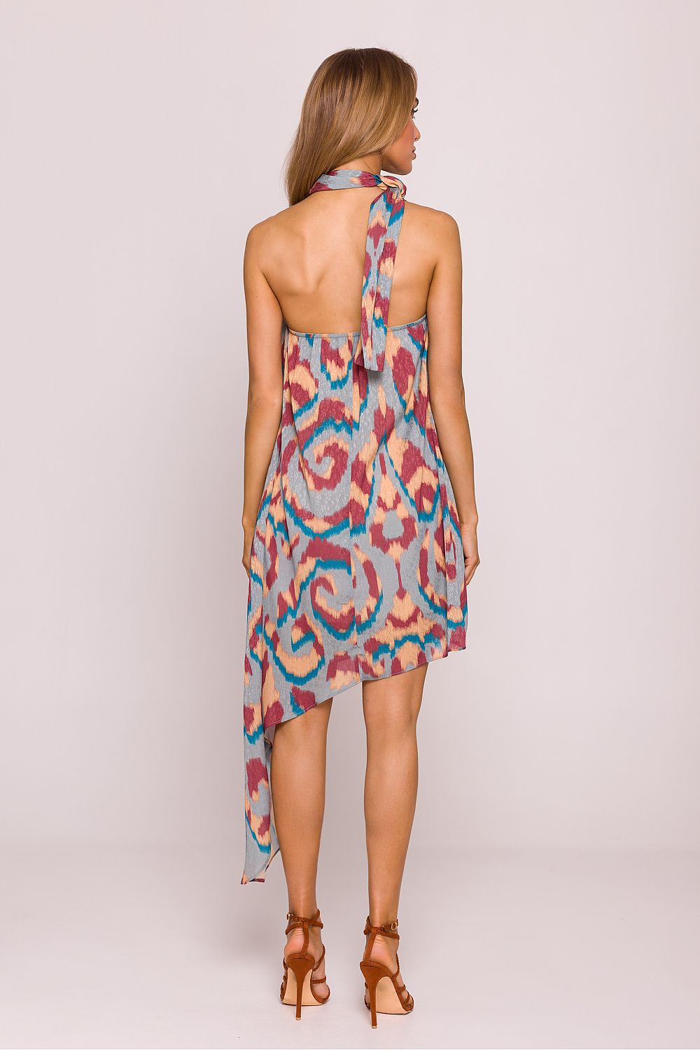 Asymmetric Halter Neck Daydress with Colourful Print - Dresses