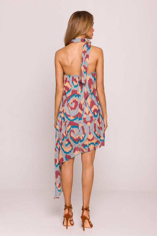 Asymmetric Halter Neck Daydress with Colourful Print - Dresses