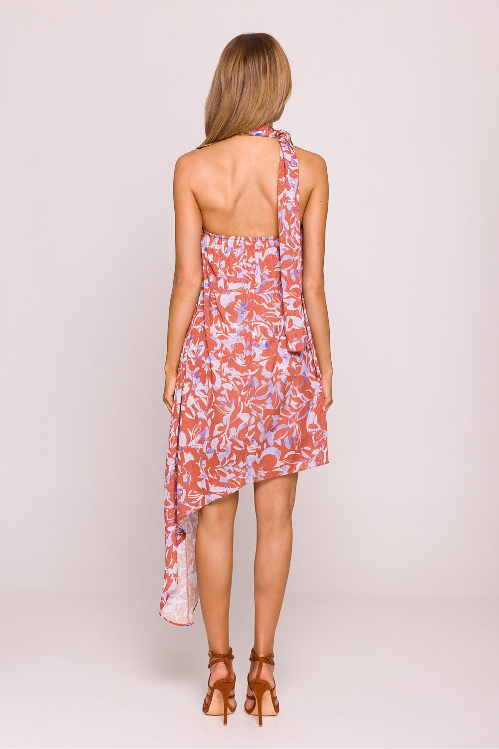 Asymmetric Halter Neck Daydress with Colourful Print - Dresses
