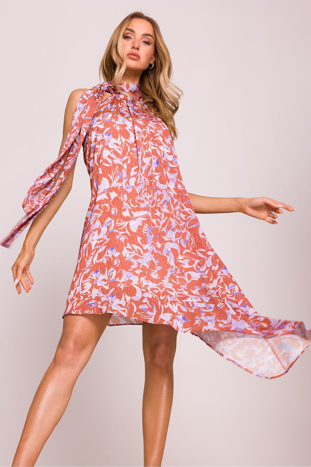 Asymmetric Halter Neck Daydress with Colourful Print - Dresses