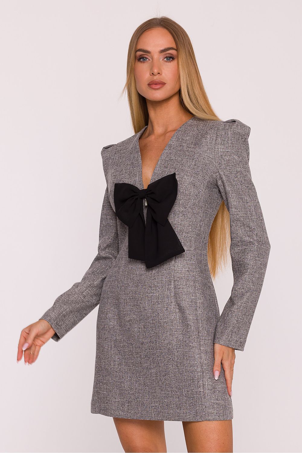 Moe Long Sleeve Mini Dress with Bow - Trendy Fashion grey - Dresses