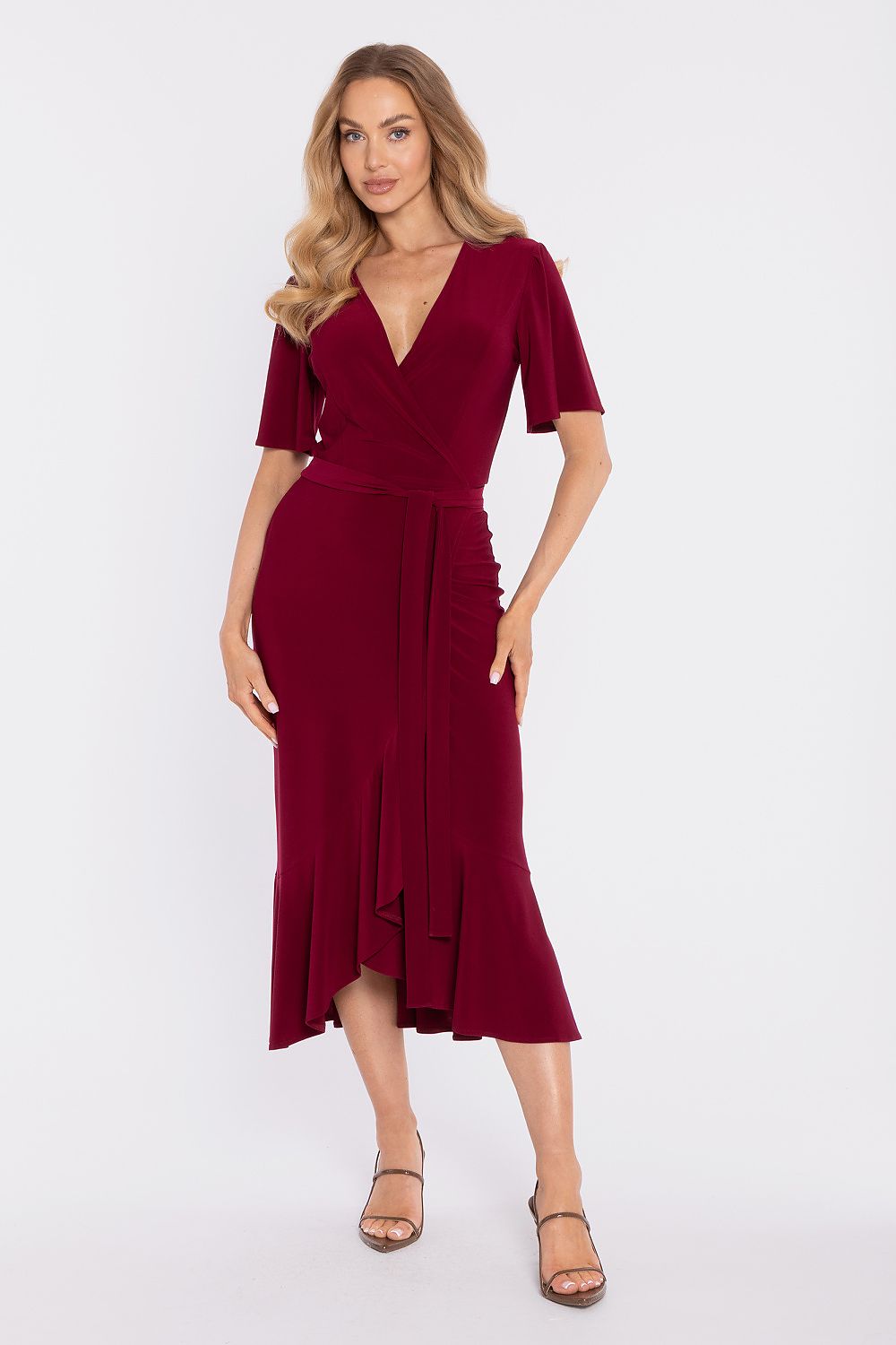 Moe Bordeaux Midi Daydress with Wrap Design and Short Sleeves for Elegant Casual Wear