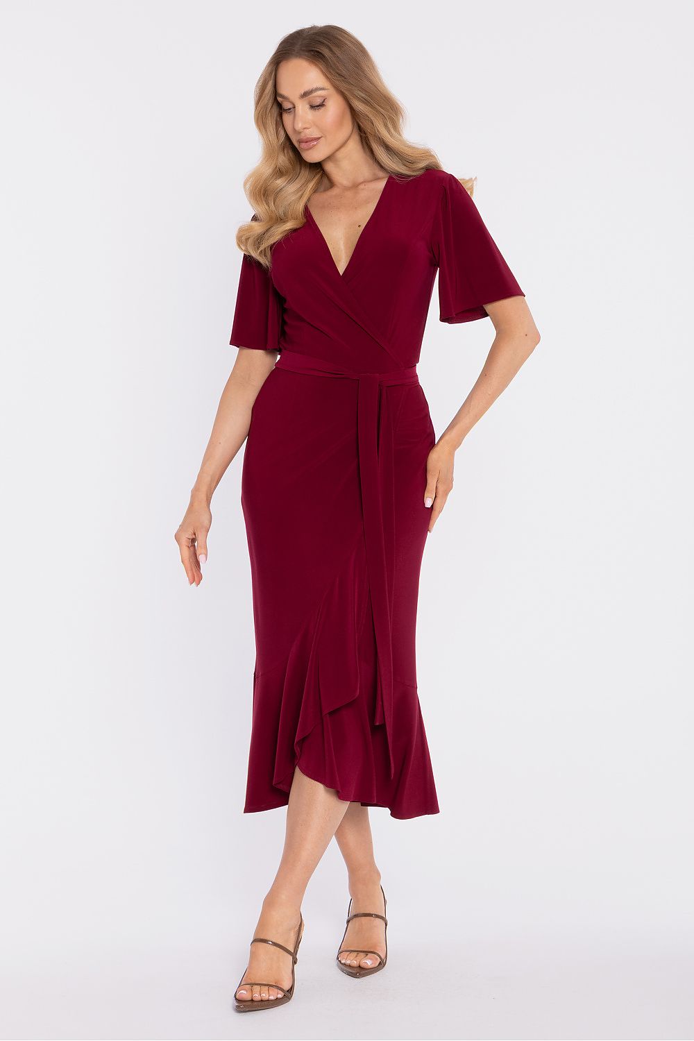 Moe Burgundy Midi Daydress with a Wrap Design and Flutter Sleeves for Elegant Occasions