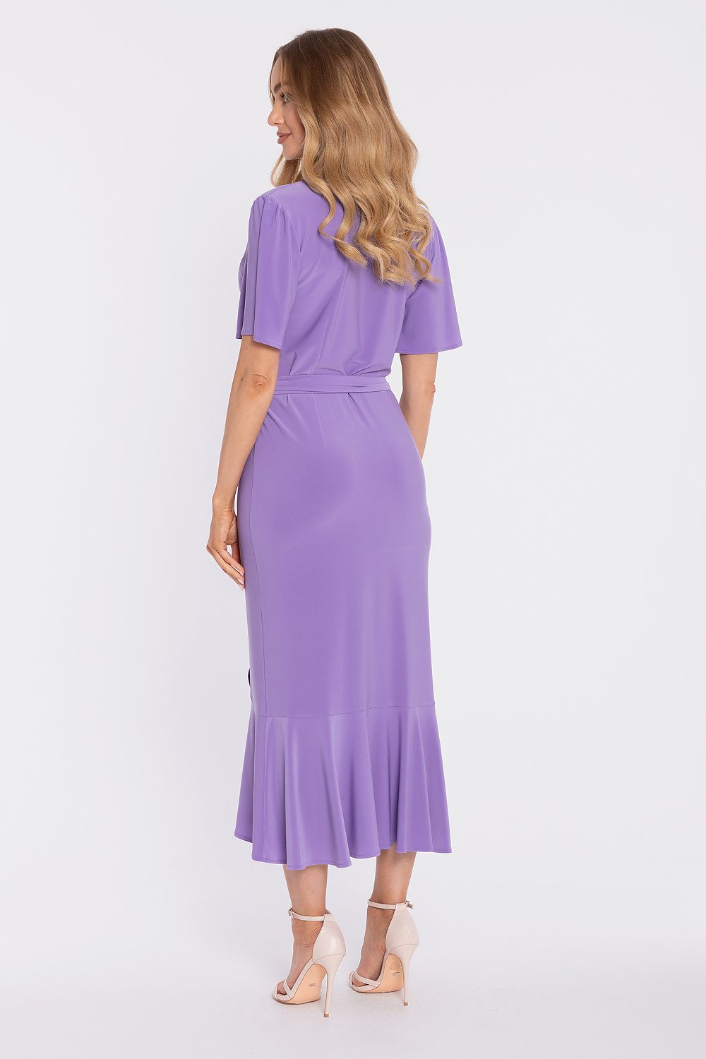 Back view of a lavender Moe midi daydress with flutter hem and short sleeves