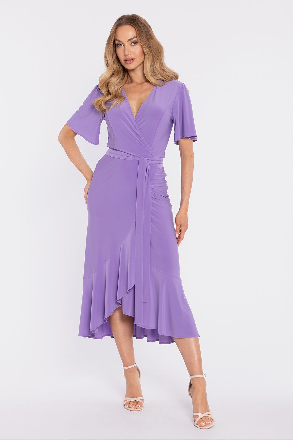 Moe Mauve Midi Daydress with Wrap Style and Ruffled Hem, Perfect for Stylish Day Outings