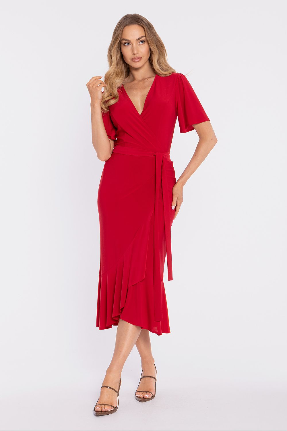 Moe Red Midi Daydress with Wrap Design and Flattering Ruffle Hem for Elegant Outings