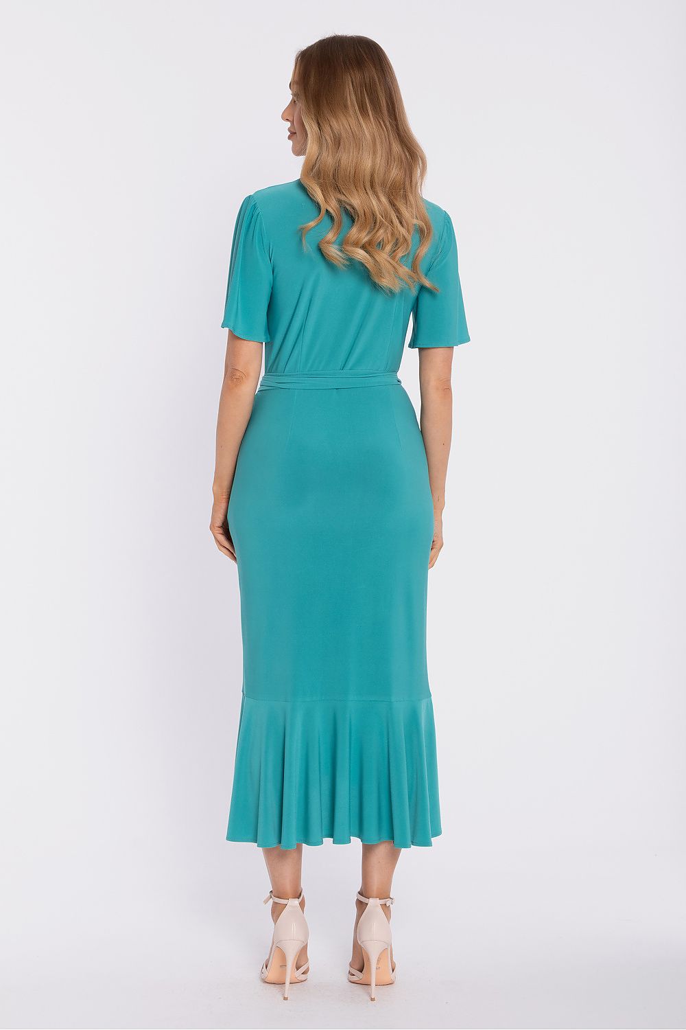 Back view of Moe teal midi daydress with short sleeves and a flared hemline
