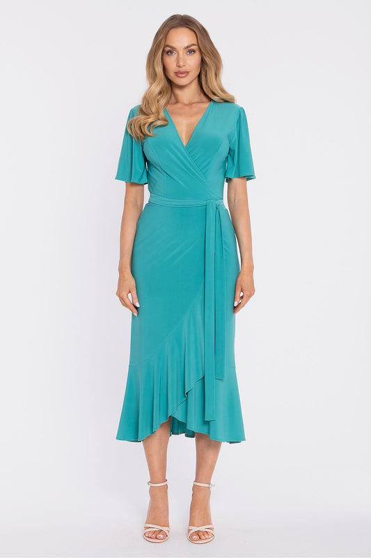 Moe teal midi daydress with a wrap front and flutter sleeves, perfect for summer occasions