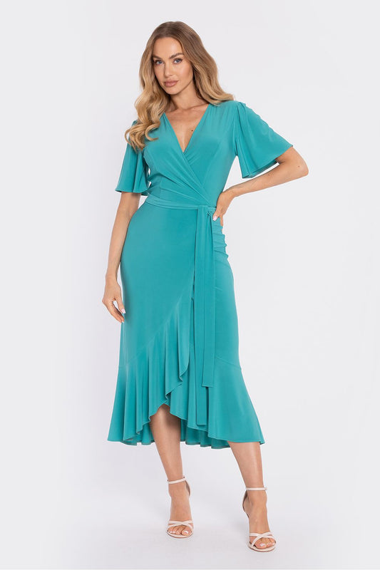 Moe teal midi daydress with wrap detail and flounce hem for a stylish look