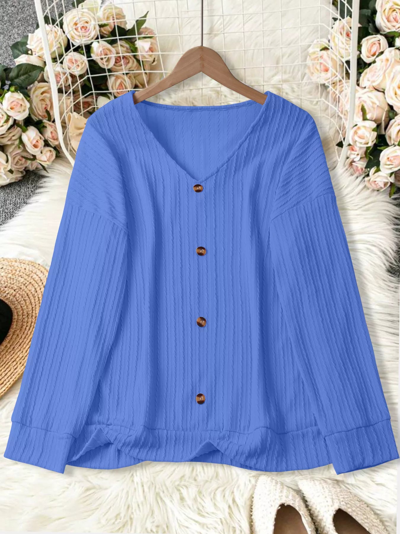 Plus Size V-Neck Dropped Shoulder Blouse - Blouse