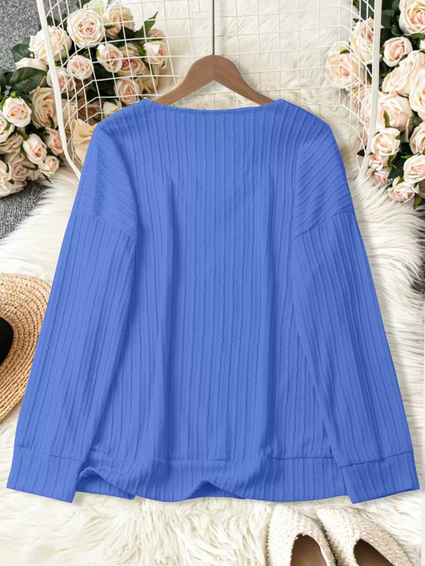 Plus Size V-Neck Dropped Shoulder Blouse - Blouse