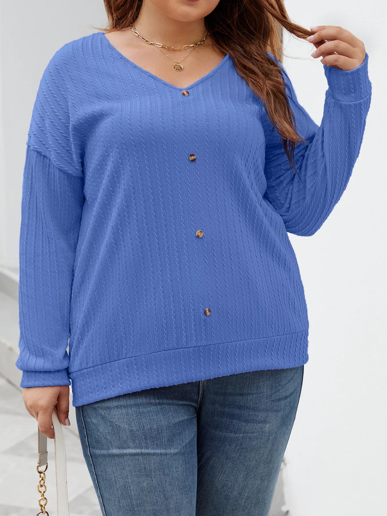 Plus Size V-Neck Dropped Shoulder Blouse - Blouse