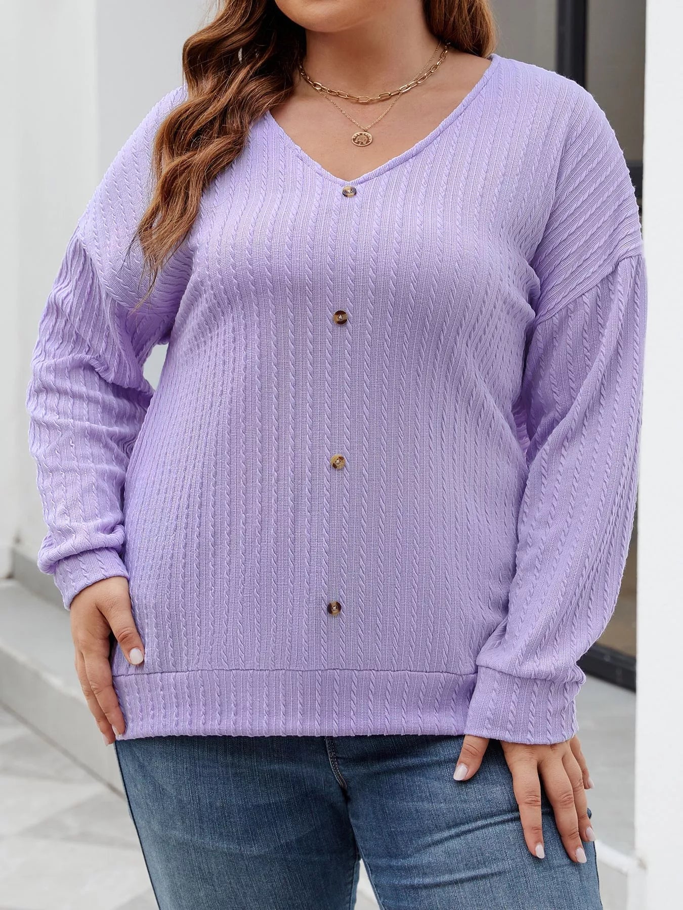 Plus Size V-Neck Dropped Shoulder Blouse - Blouse