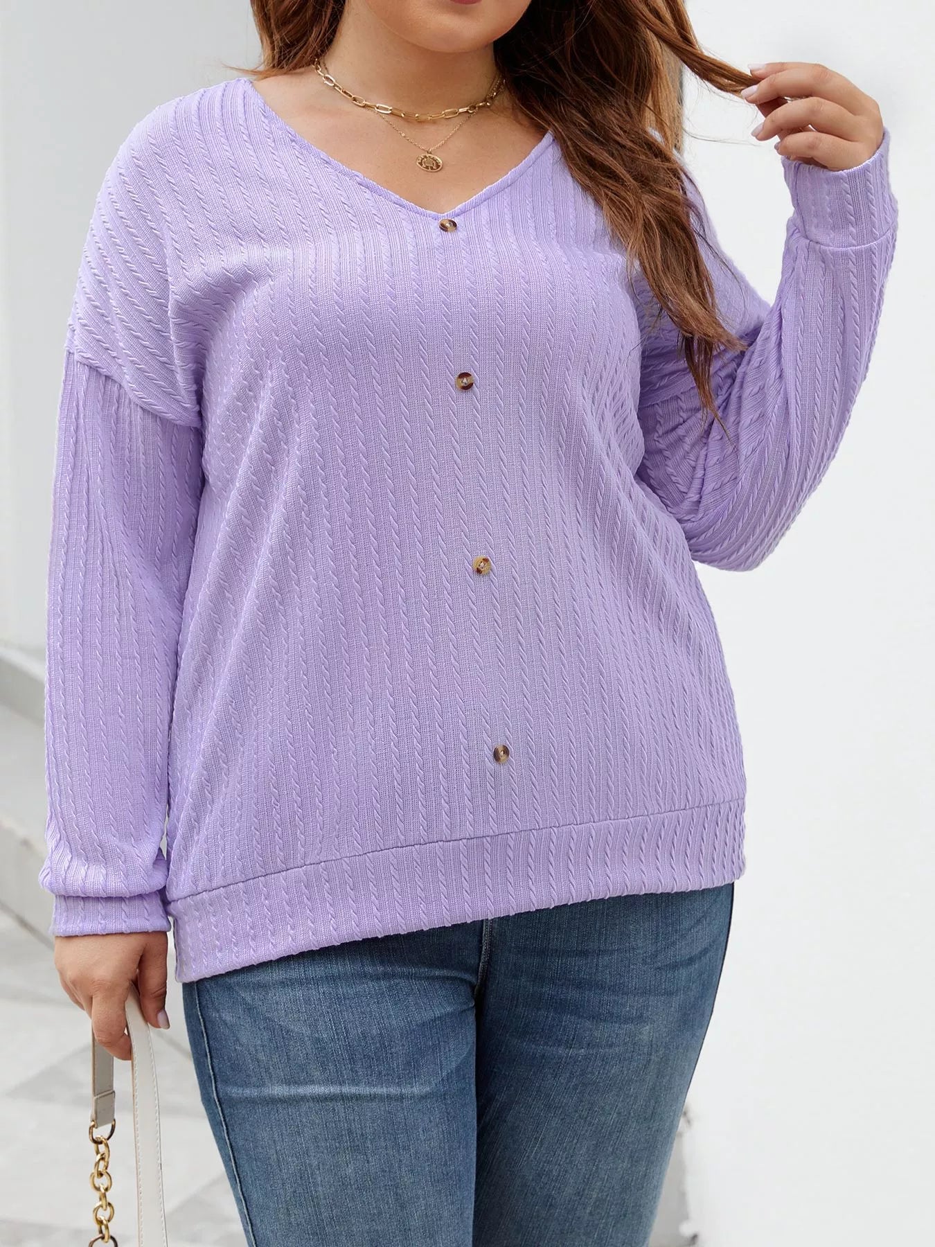 Plus Size V-Neck Dropped Shoulder Blouse - Blouse