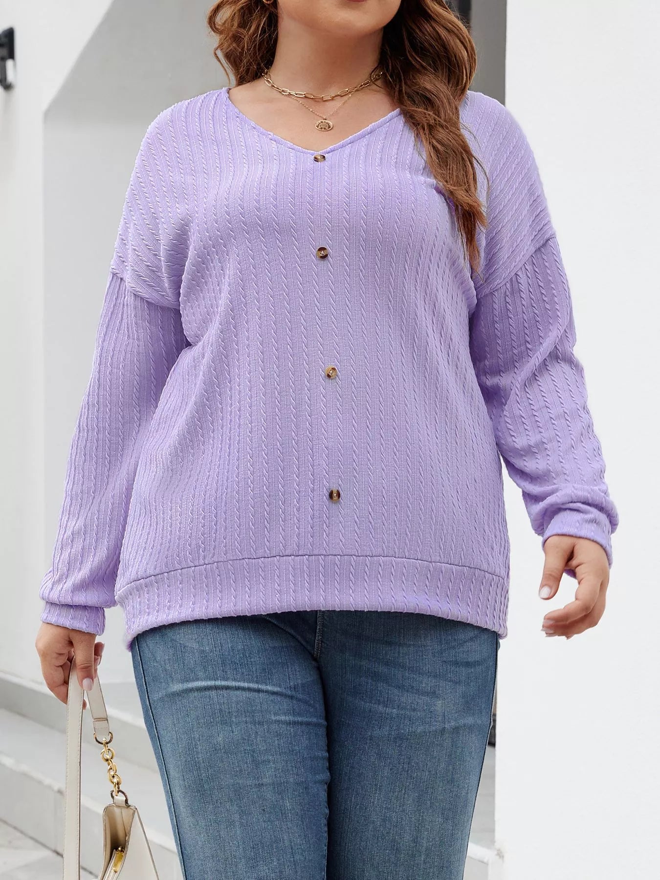 Plus Size V-Neck Dropped Shoulder Blouse - Blouse