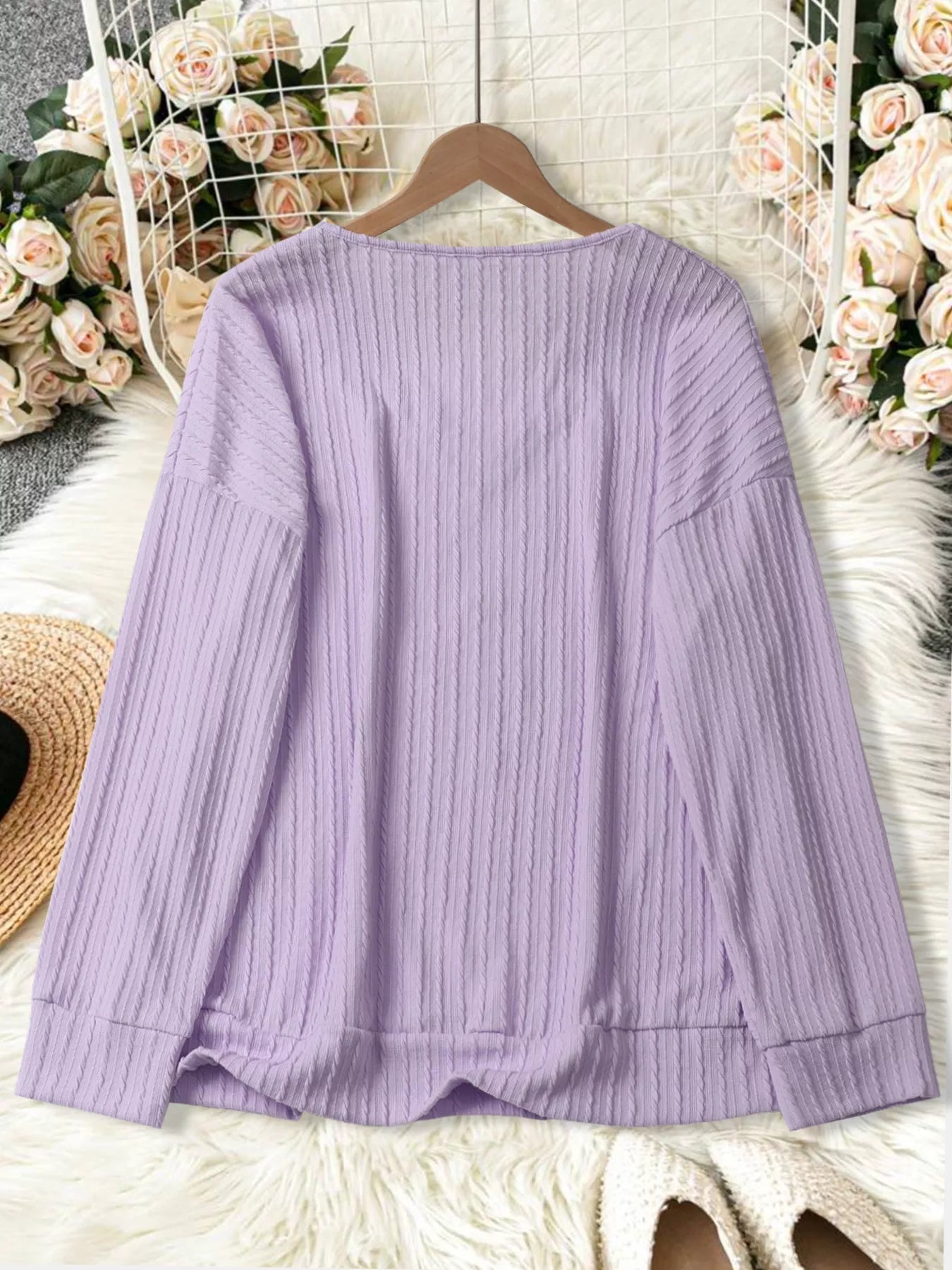 Plus Size V-Neck Dropped Shoulder Blouse - Blouse