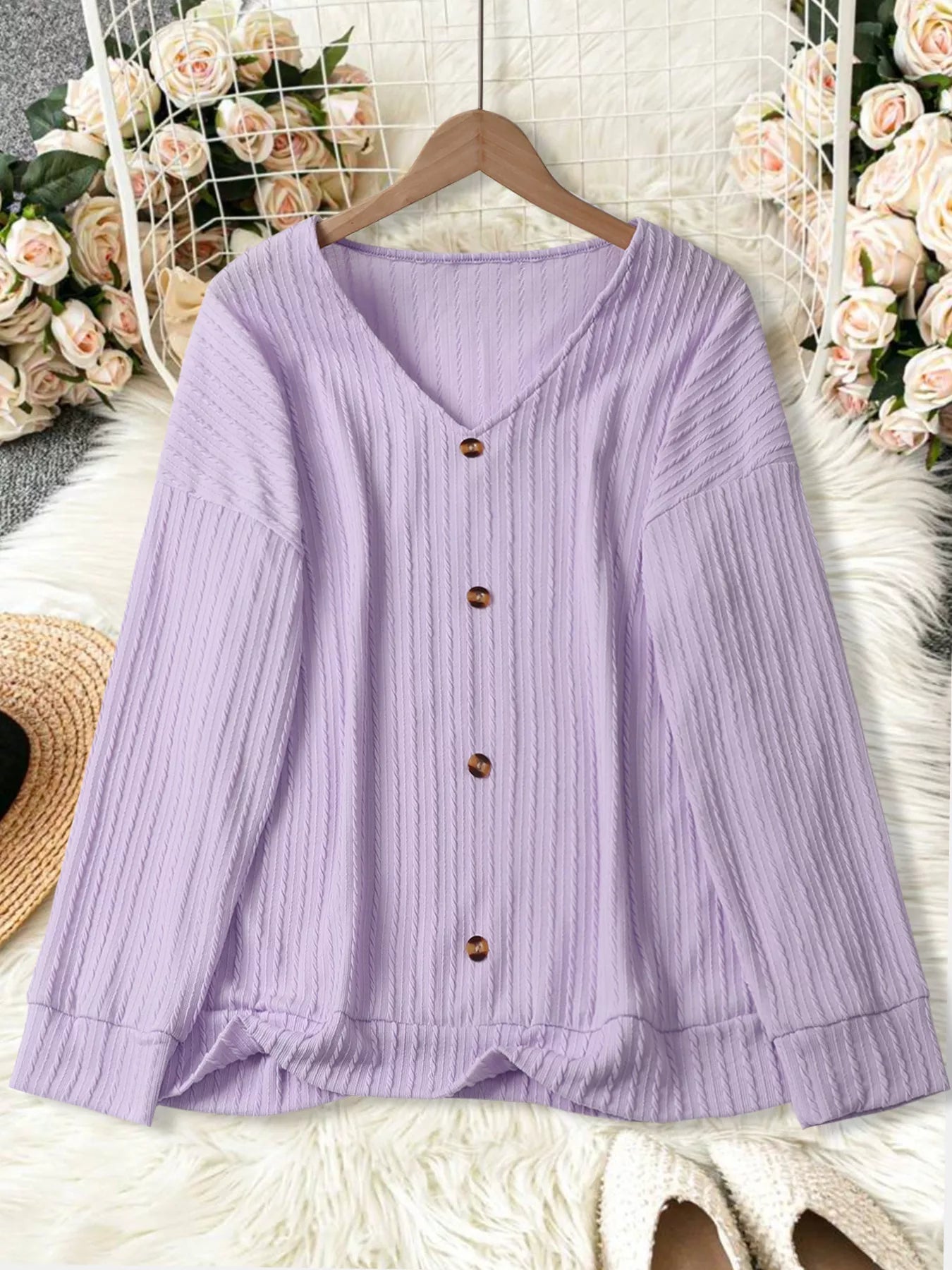 Plus Size V-Neck Dropped Shoulder Blouse - Blouse