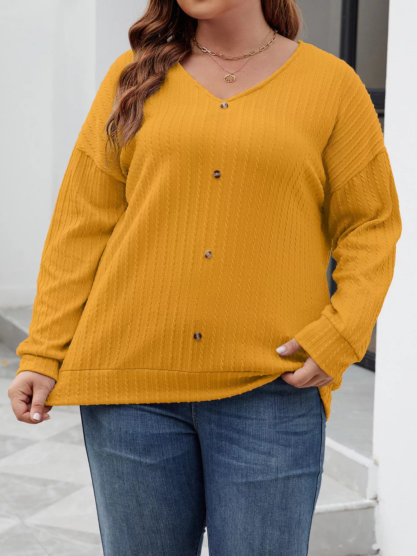 Plus Size V-Neck Dropped Shoulder Blouse Sunflower Color - Blouse