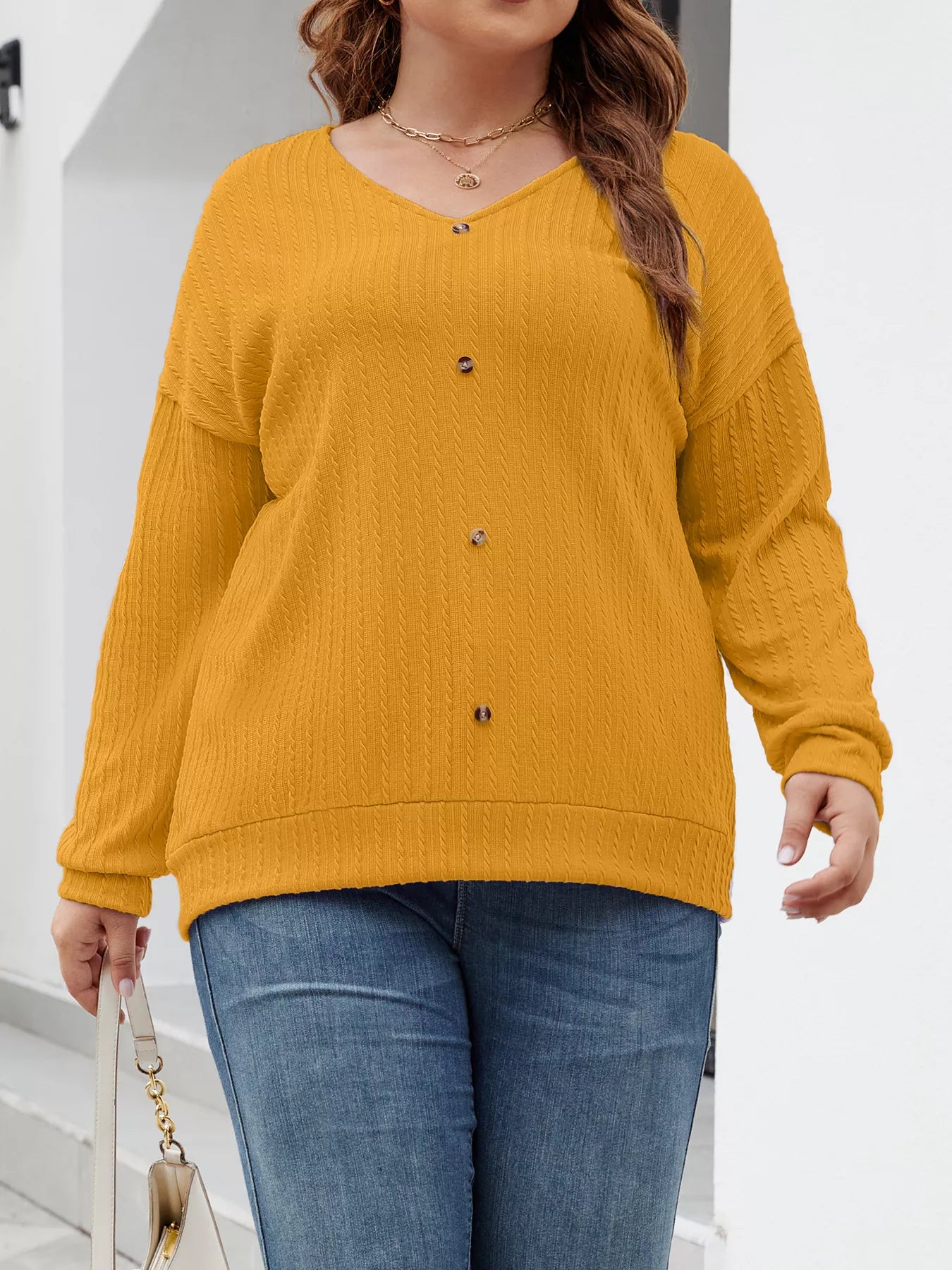 Plus Size V-Neck Dropped Shoulder Blouse - Blouse