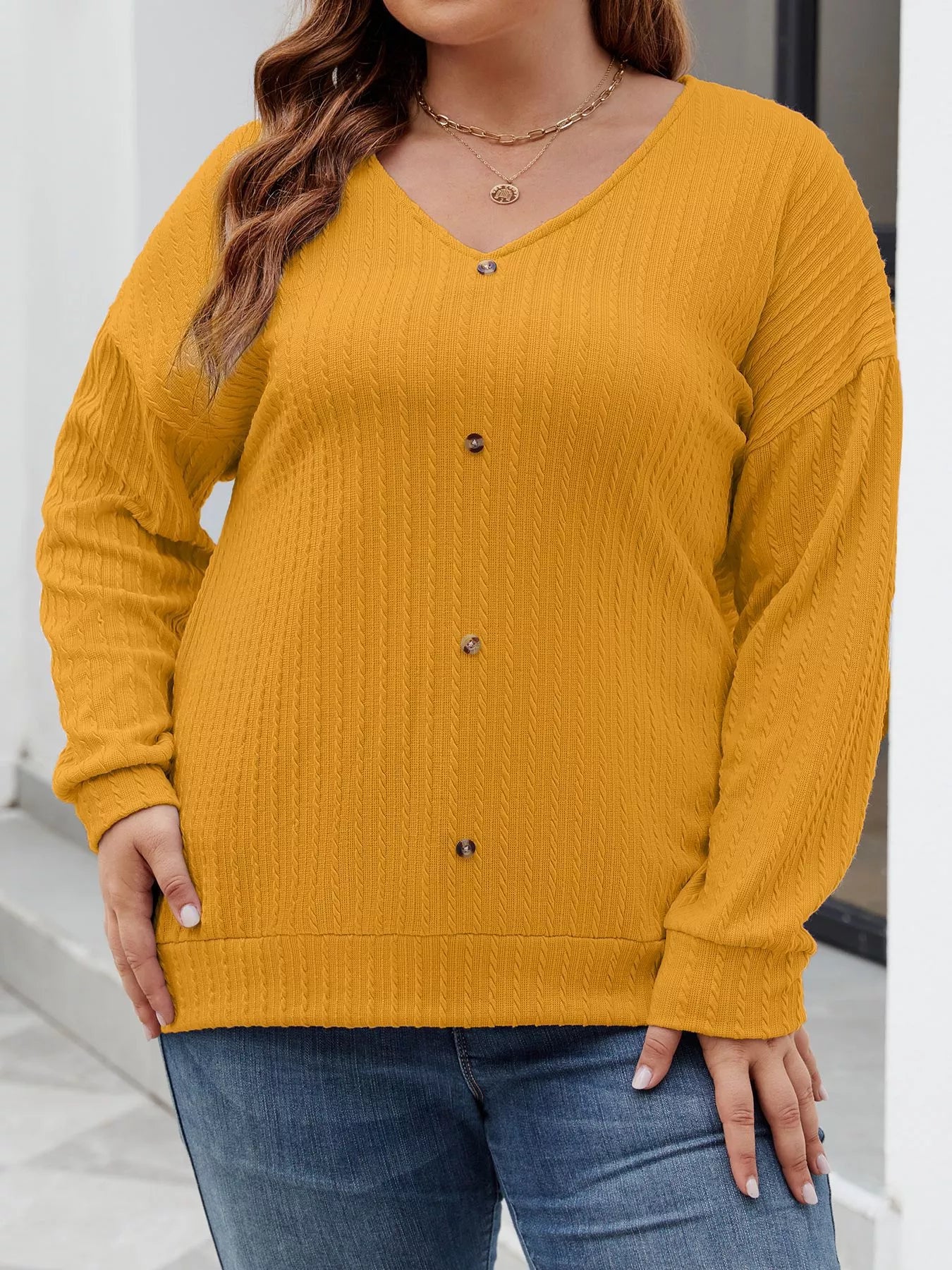 Plus Size V-Neck Dropped Shoulder Blouse - Blouse
