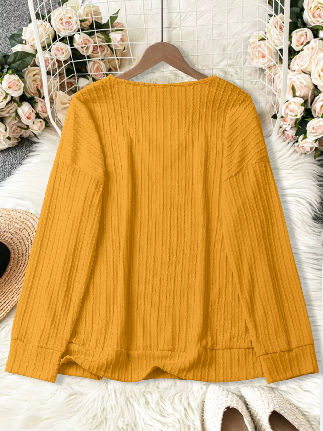 Plus Size V-Neck Dropped Shoulder Blouse - Blouse