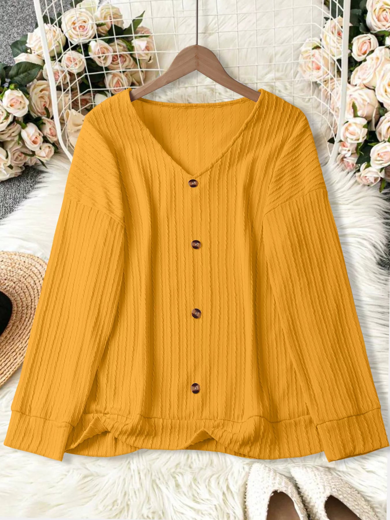 Plus Size V-Neck Dropped Shoulder Blouse - Blouse