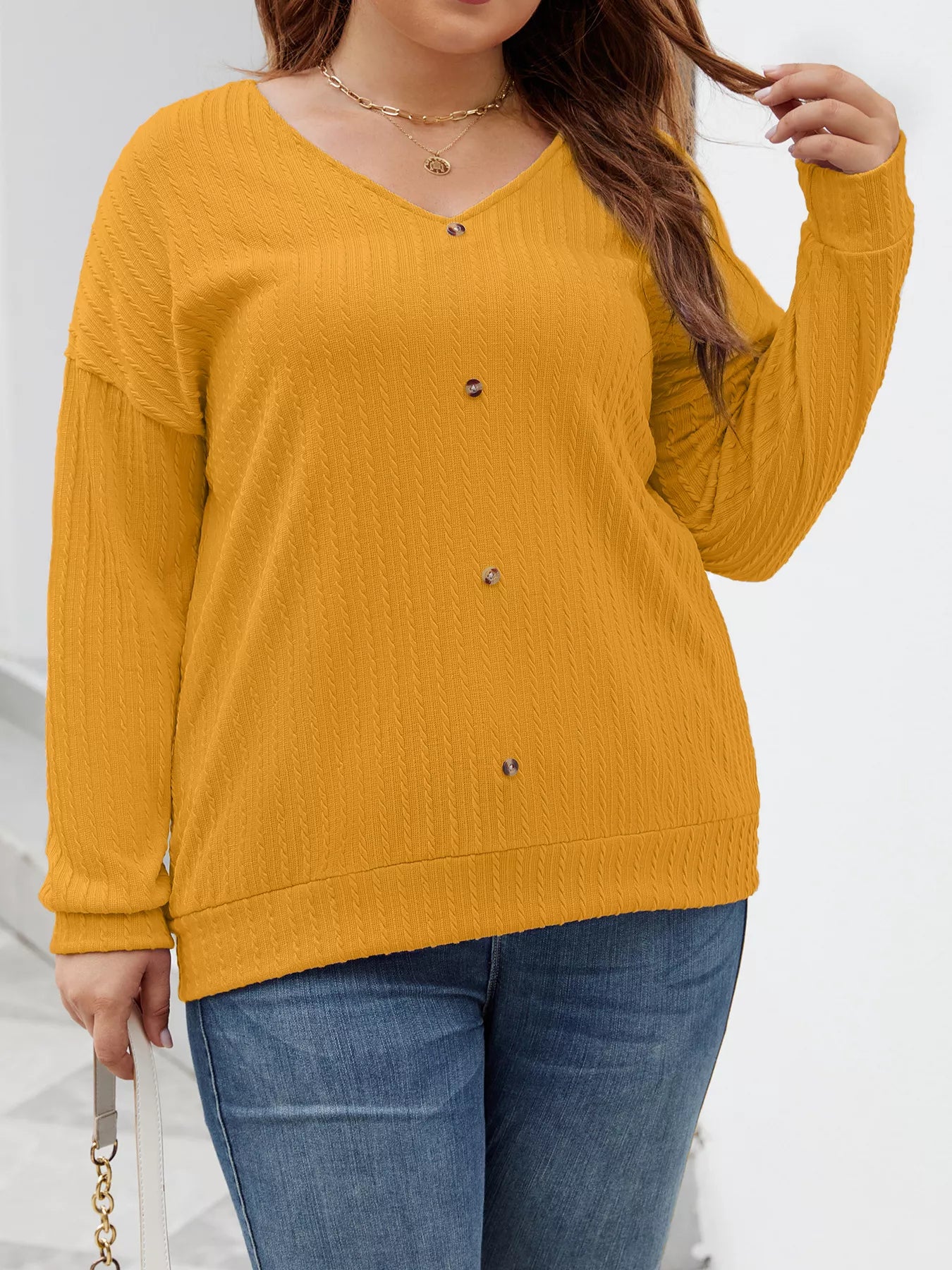 Plus Size V-Neck Dropped Shoulder Blouse - Blouse