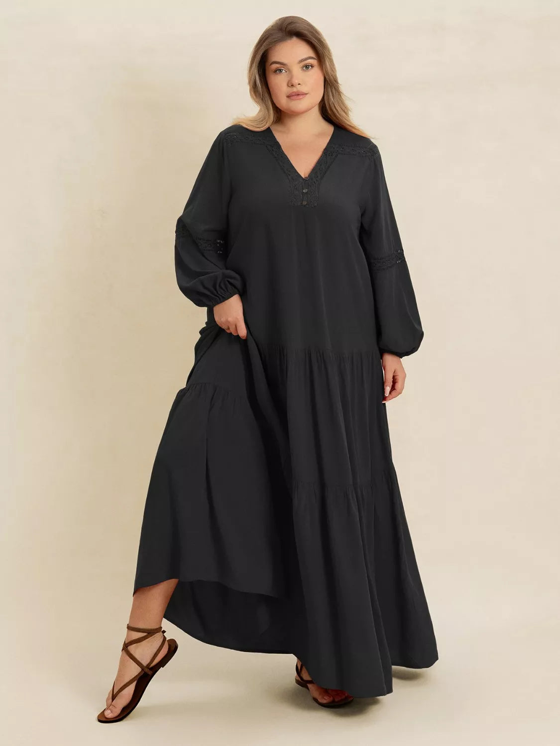 Plus Size Bohemian Tiered Maxi Dress with Balloon Sleeves Black - Dresses