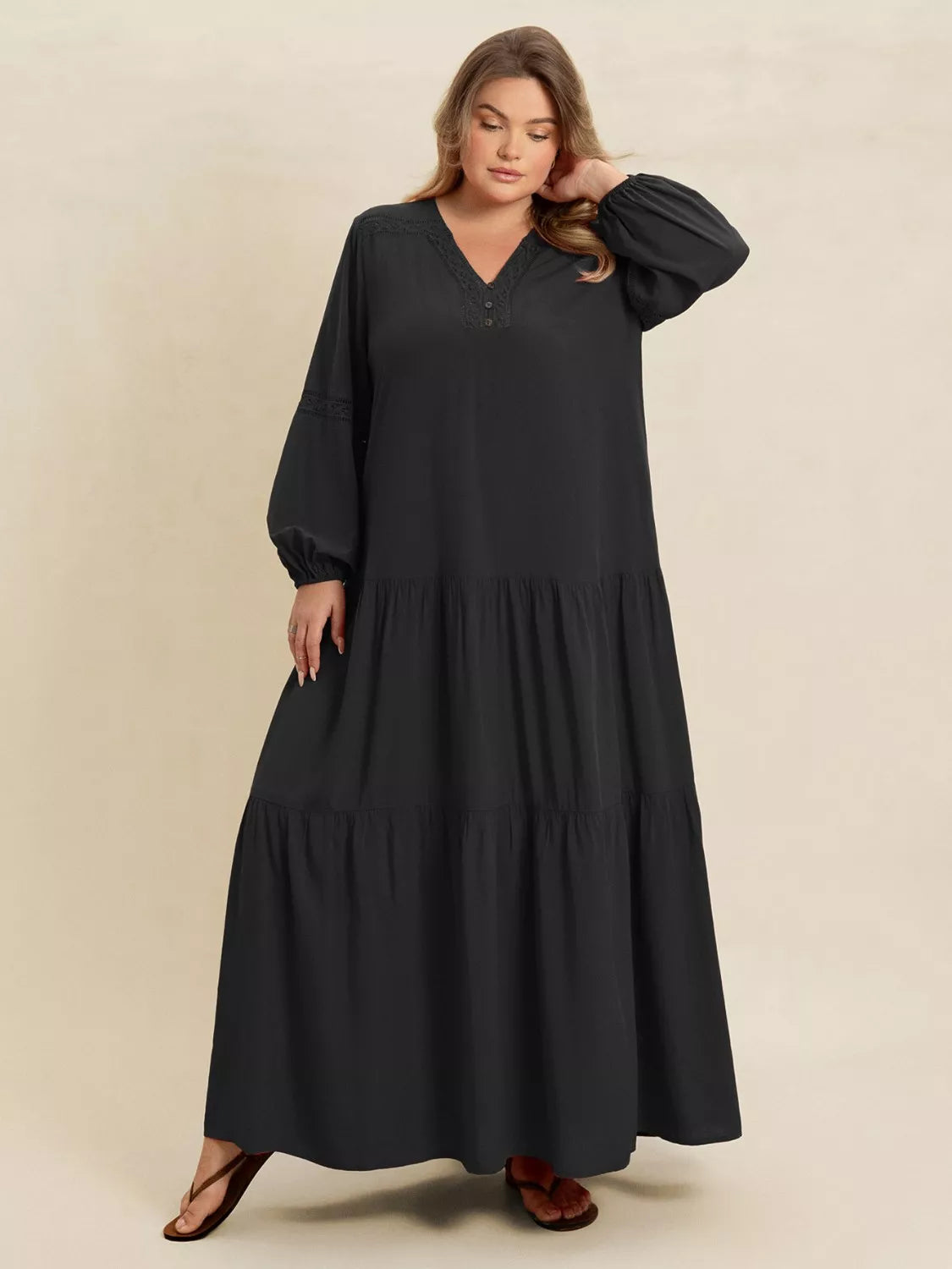Plus Size Bohemian Tiered Maxi Dress with Balloon Sleeves - Dresses