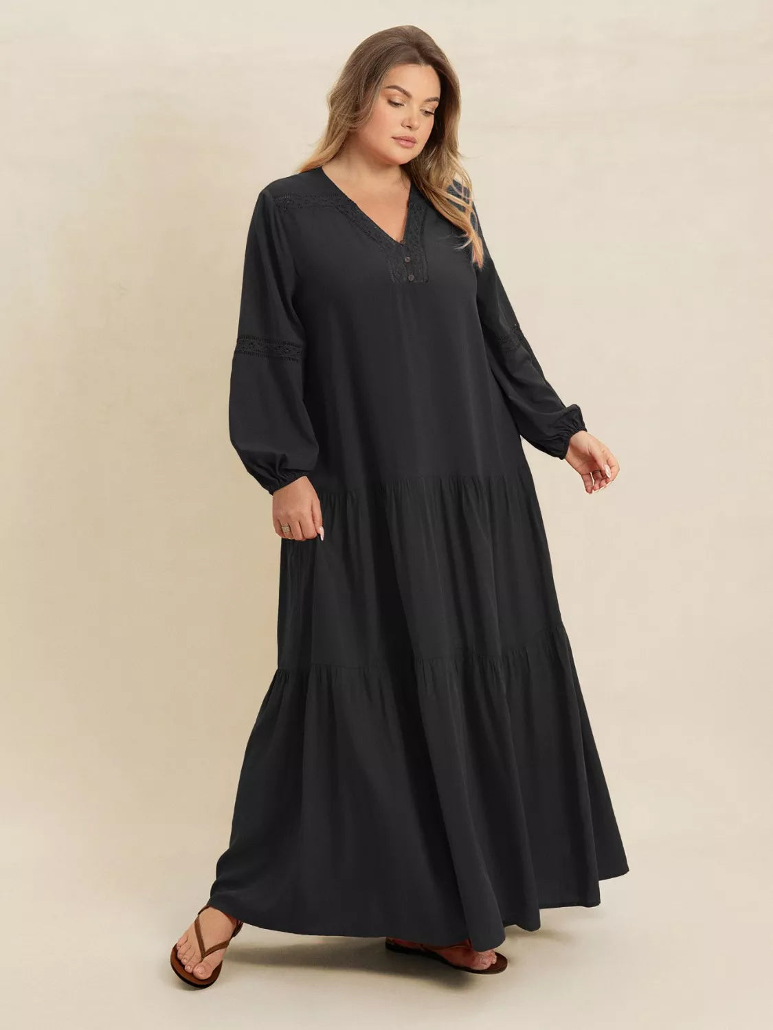 Plus Size Bohemian Tiered Maxi Dress with Balloon Sleeves - Dresses