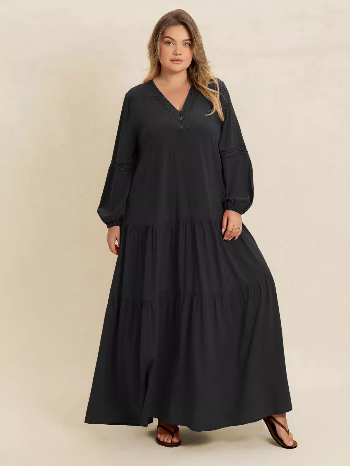 Plus Size Bohemian Tiered Maxi Dress with Balloon Sleeves - Dresses