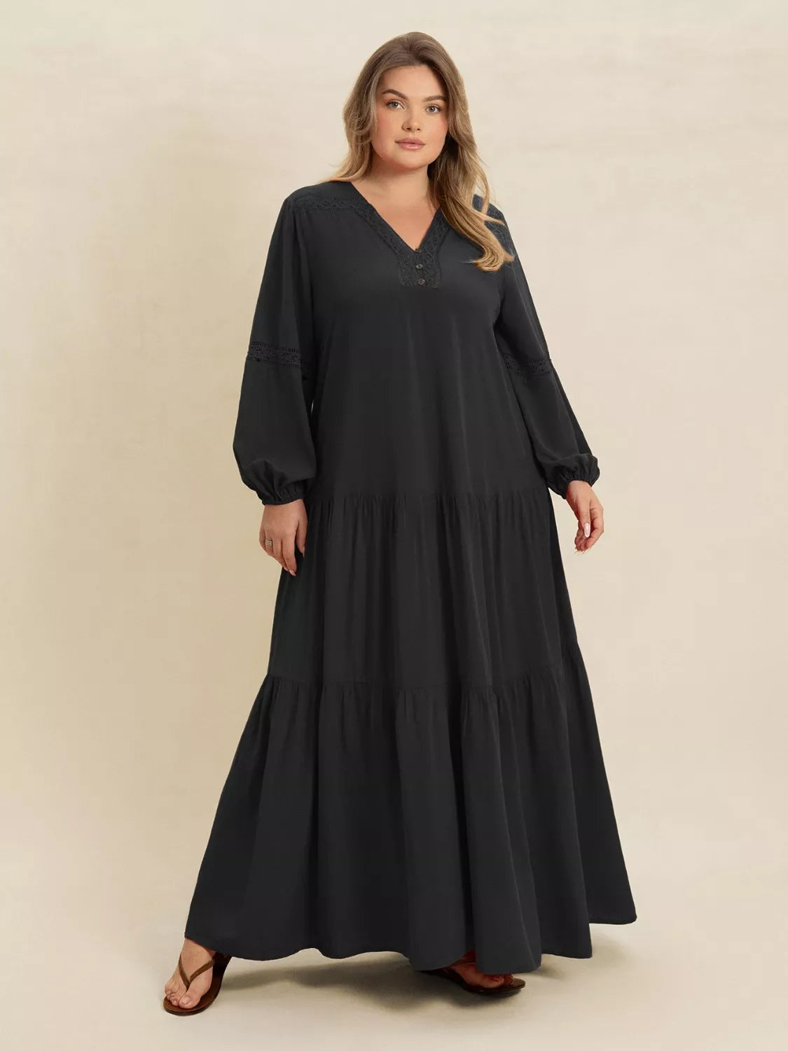 Plus Size Bohemian Tiered Maxi Dress with Balloon Sleeves - Dresses