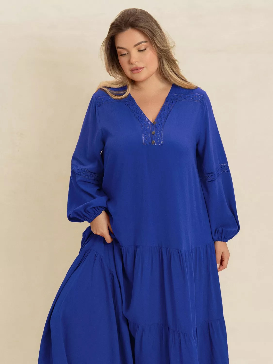 Plus Size Bohemian Tiered Maxi Dress with Balloon Sleeves Royal Blue - Dresses