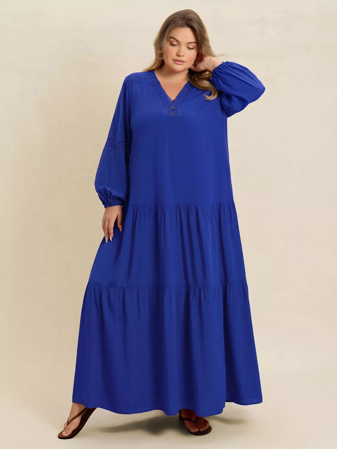 Plus Size Bohemian Tiered Maxi Dress with Balloon Sleeves - Dresses