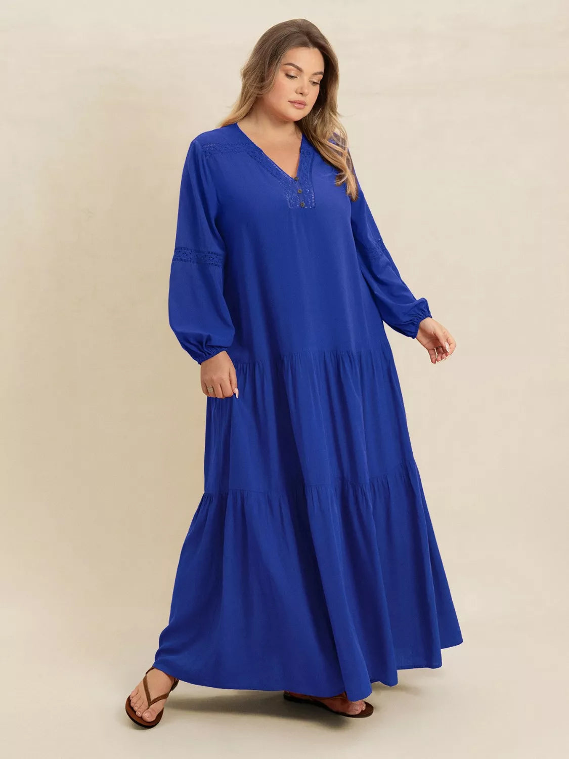 Plus Size Bohemian Tiered Maxi Dress with Balloon Sleeves - Dresses