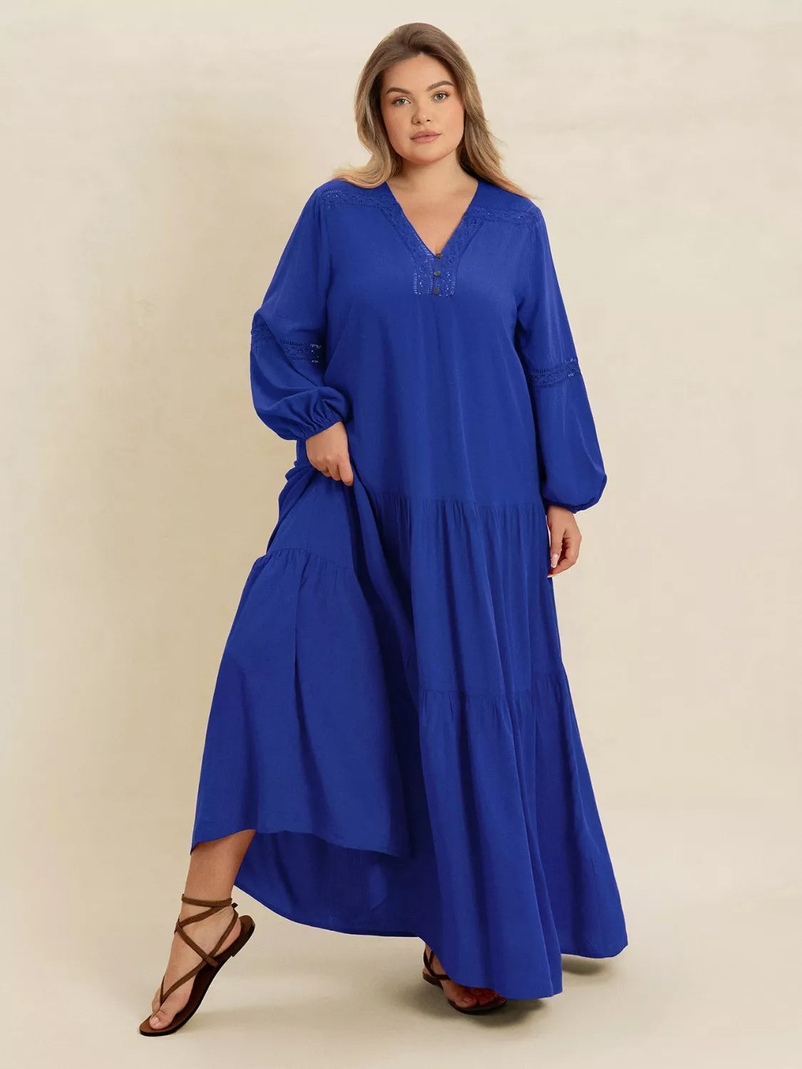 Plus Size Bohemian Tiered Maxi Dress with Balloon Sleeves - Dresses