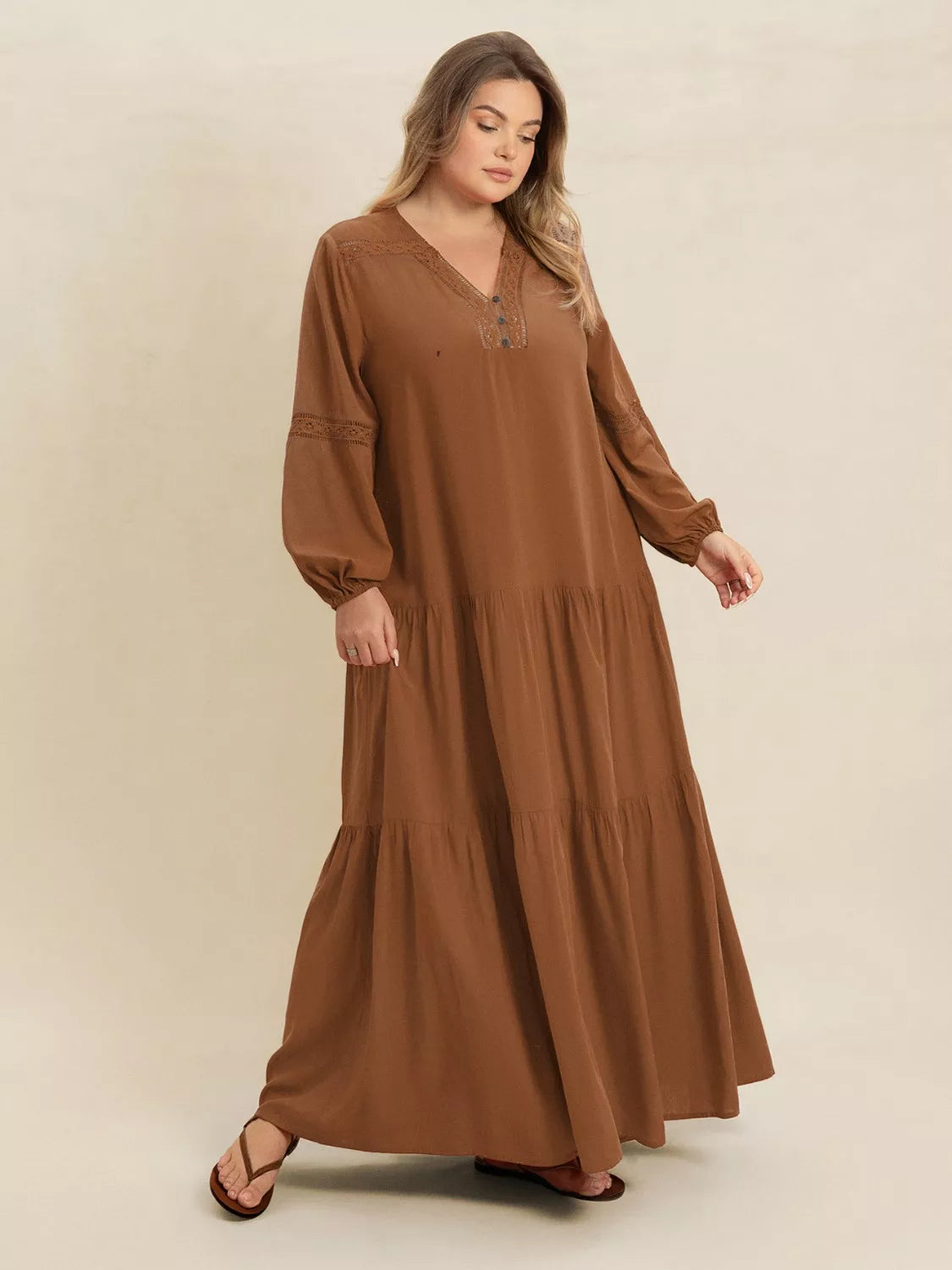 Plus Size Bohemian Tiered Maxi Dress with Balloon Sleeves Caramel - Dresses