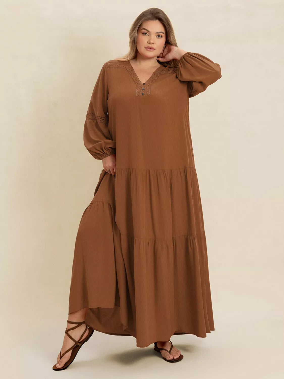 Plus Size Bohemian Tiered Maxi Dress with Balloon Sleeves - Dresses