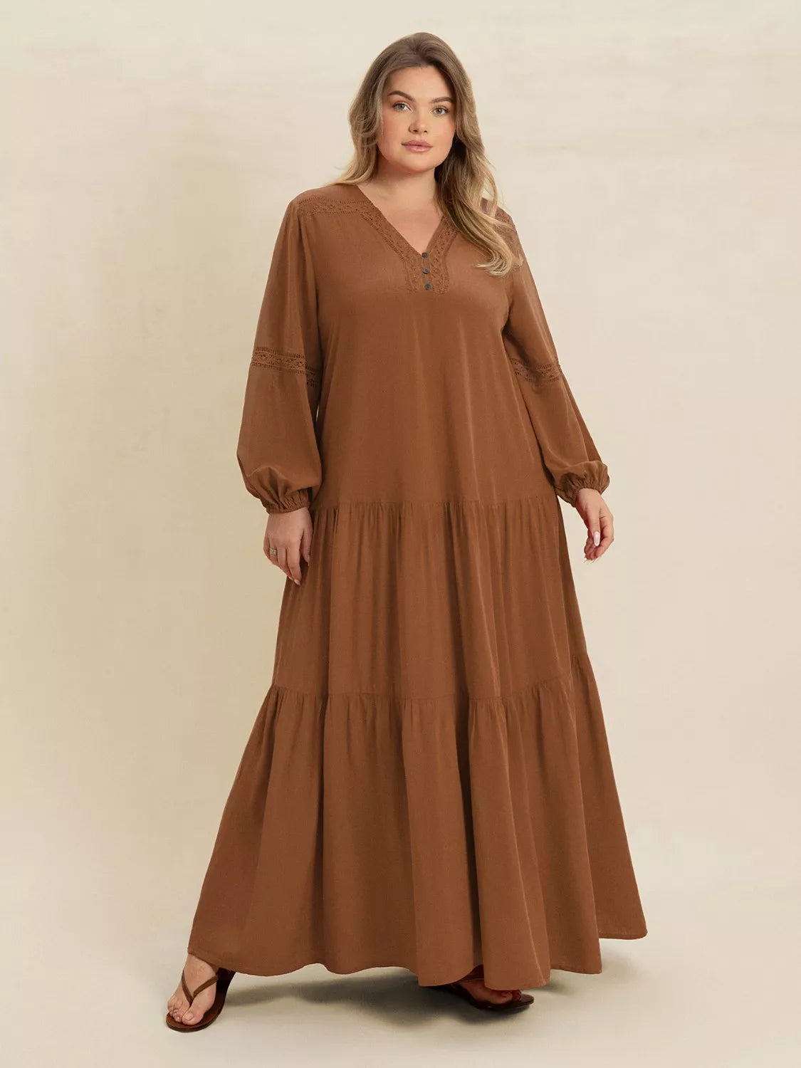 Plus Size Bohemian Tiered Maxi Dress with Balloon Sleeves - Dresses