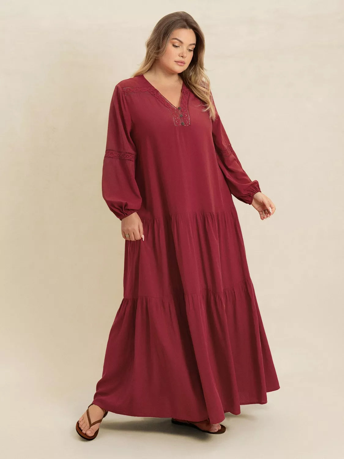 Plus Size Bohemian Tiered Maxi Dress with Balloon Sleeves Burgundy - Dresses