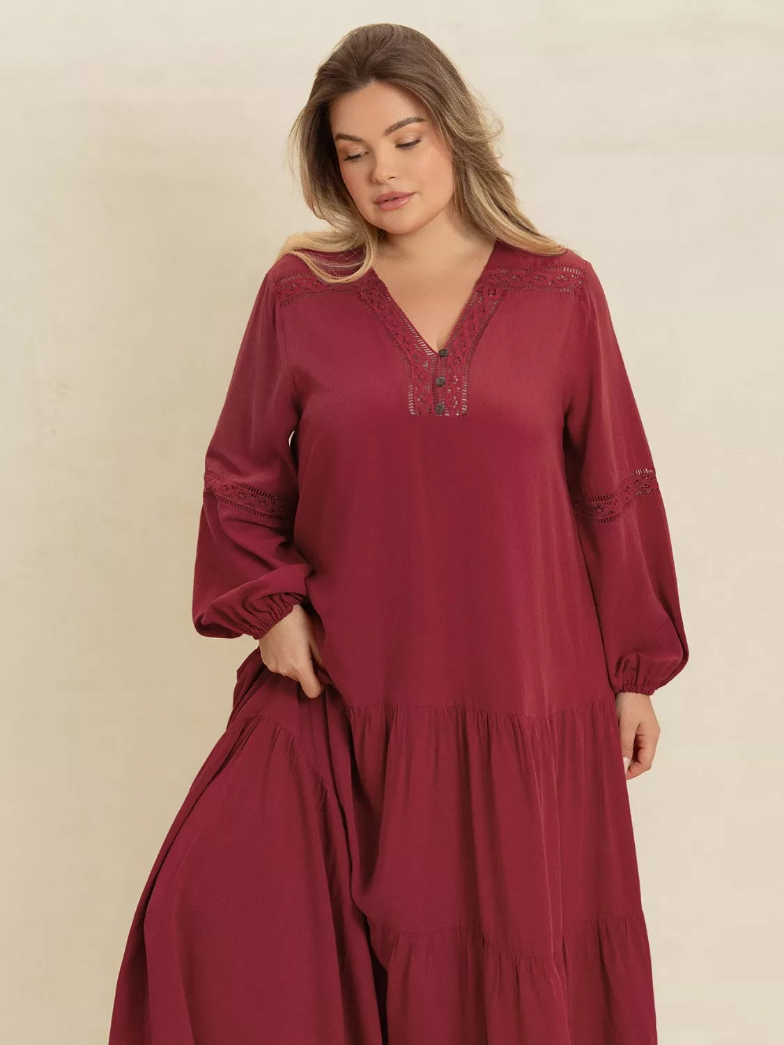 Plus Size Bohemian Tiered Maxi Dress with Balloon Sleeves - Dresses
