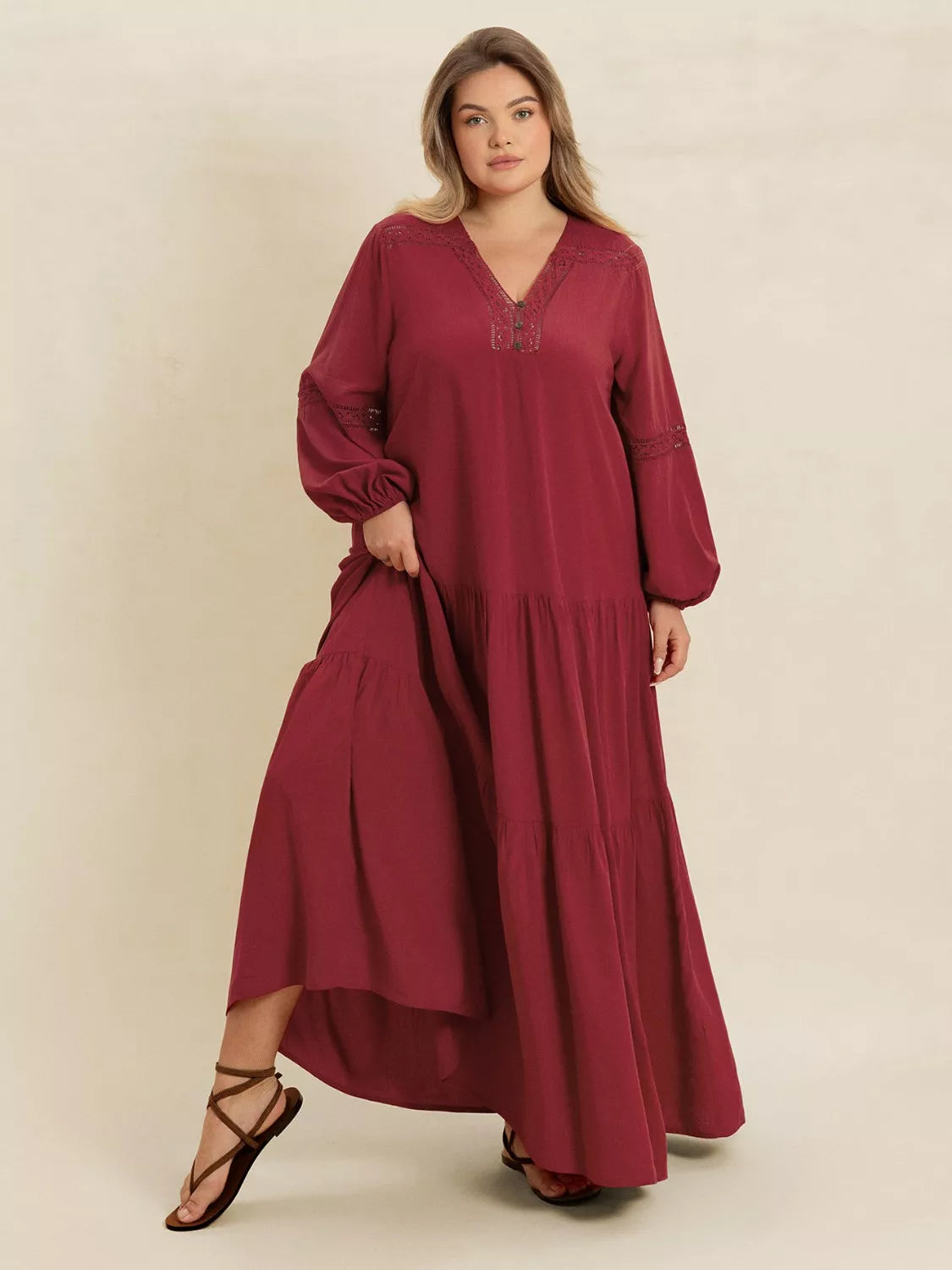 Plus Size Bohemian Tiered Maxi Dress with Balloon Sleeves - Dresses