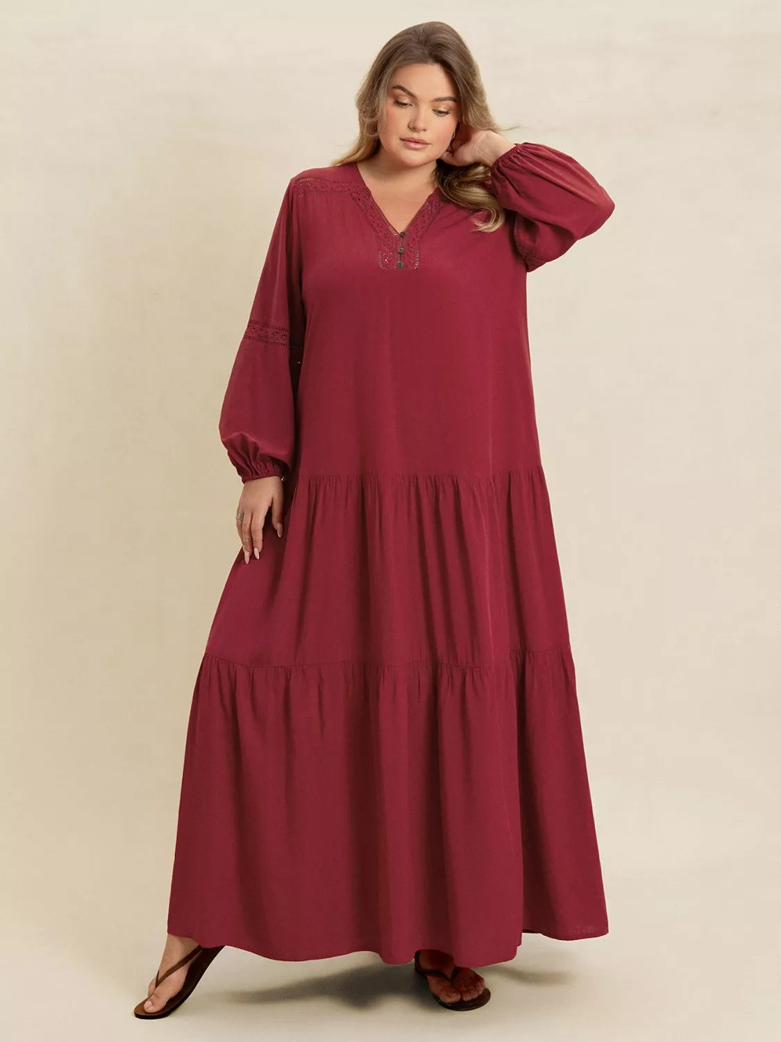 Plus Size Bohemian Tiered Maxi Dress with Balloon Sleeves - Dresses