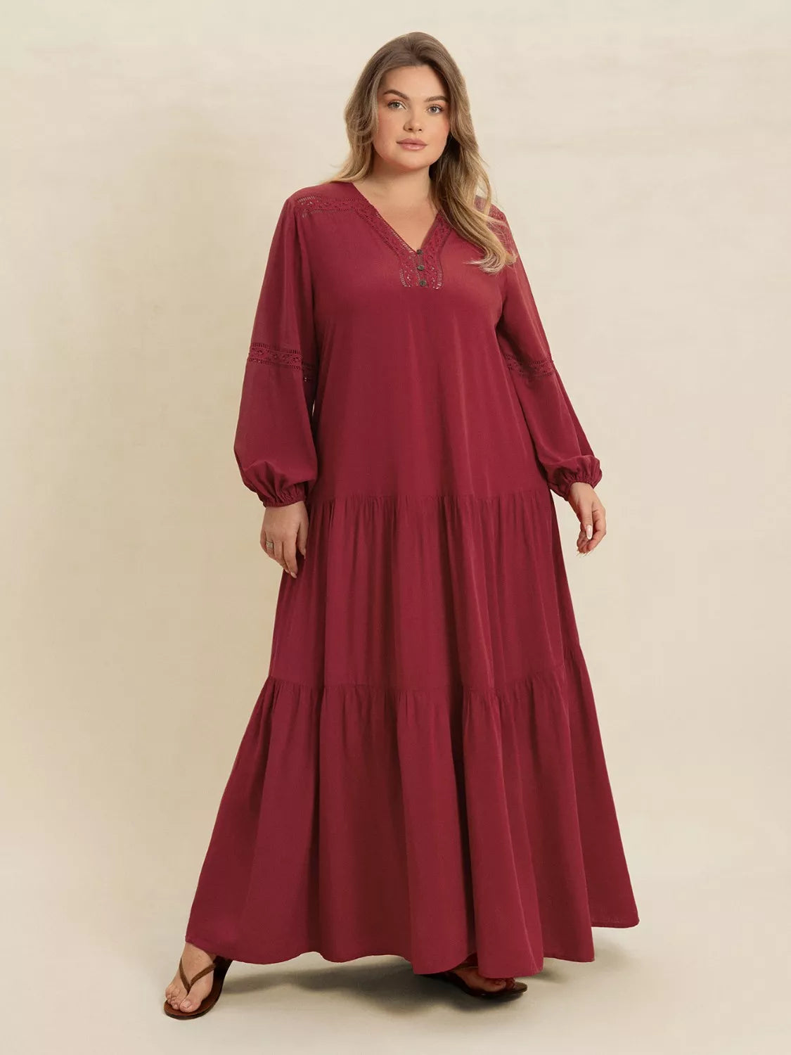 Plus Size Bohemian Tiered Maxi Dress with Balloon Sleeves - Dresses