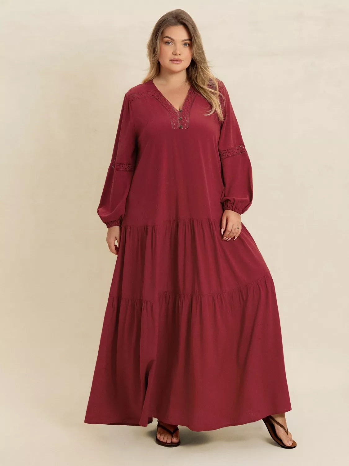 Plus Size Bohemian Tiered Maxi Dress with Balloon Sleeves - Dresses