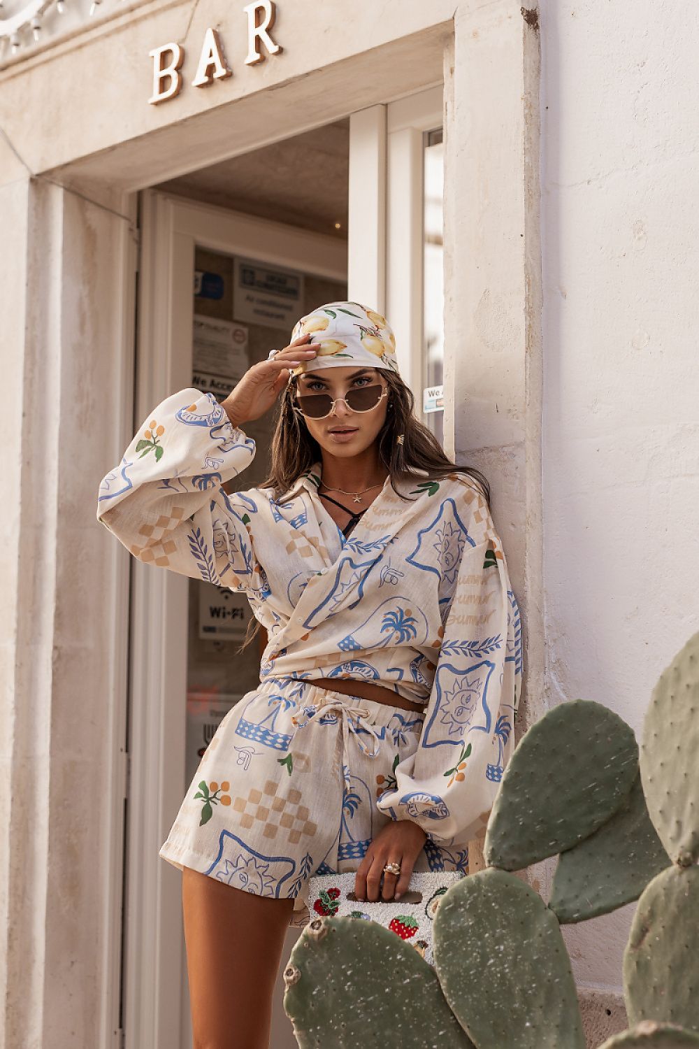 LaBalancia stylish top and shirt set with patterned shorts and matching accessories for a chic summer look