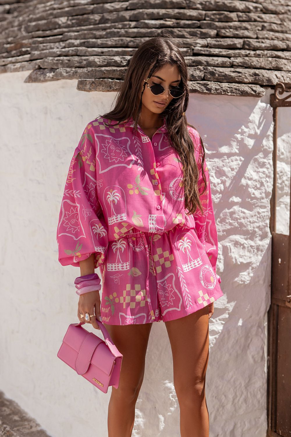 LaBalancia Pink Top and Shirt Set with Colourful Patterns Perfect for Summer Outings