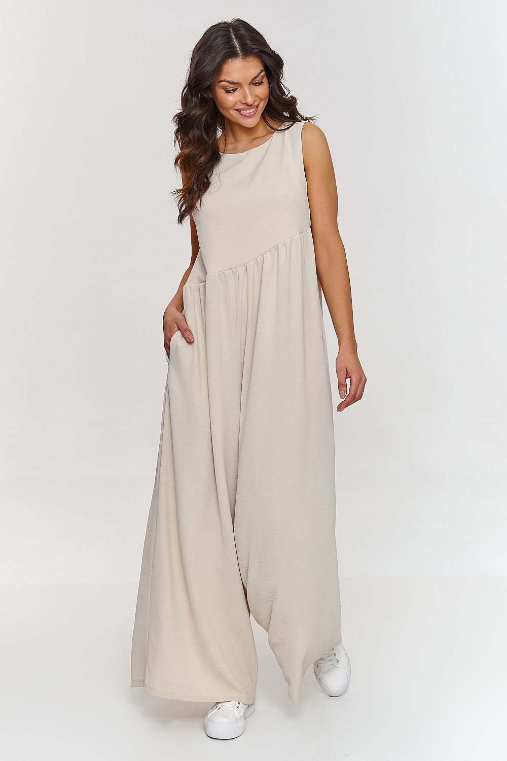 Trendy Wide Leg Jumpsuit in Soft Beige